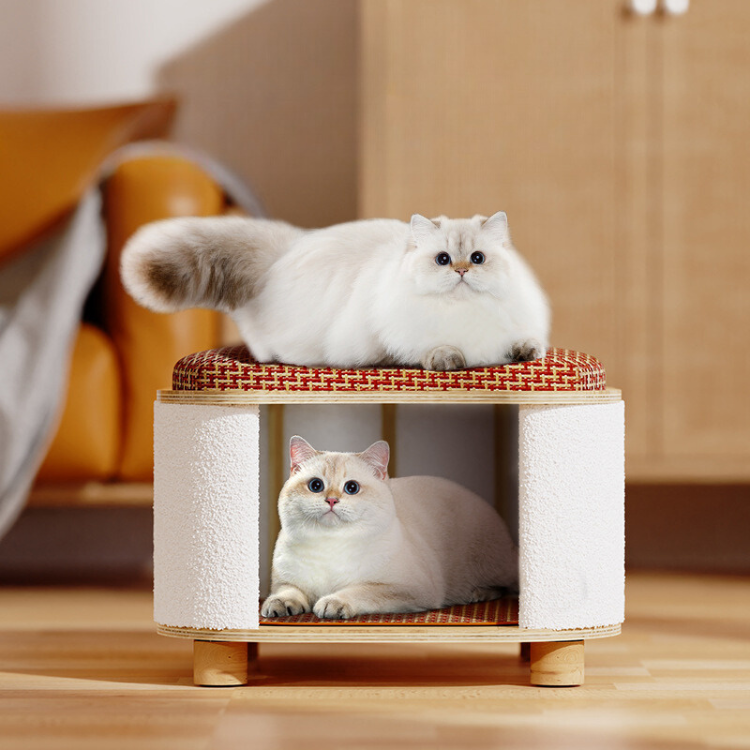 Multi-functional Wooden Cat House with Scratching Board Stool