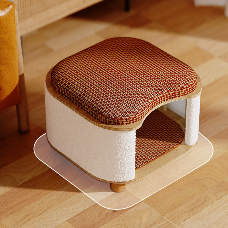 Multi-functional Wooden Cat House with Scratching Board Stool