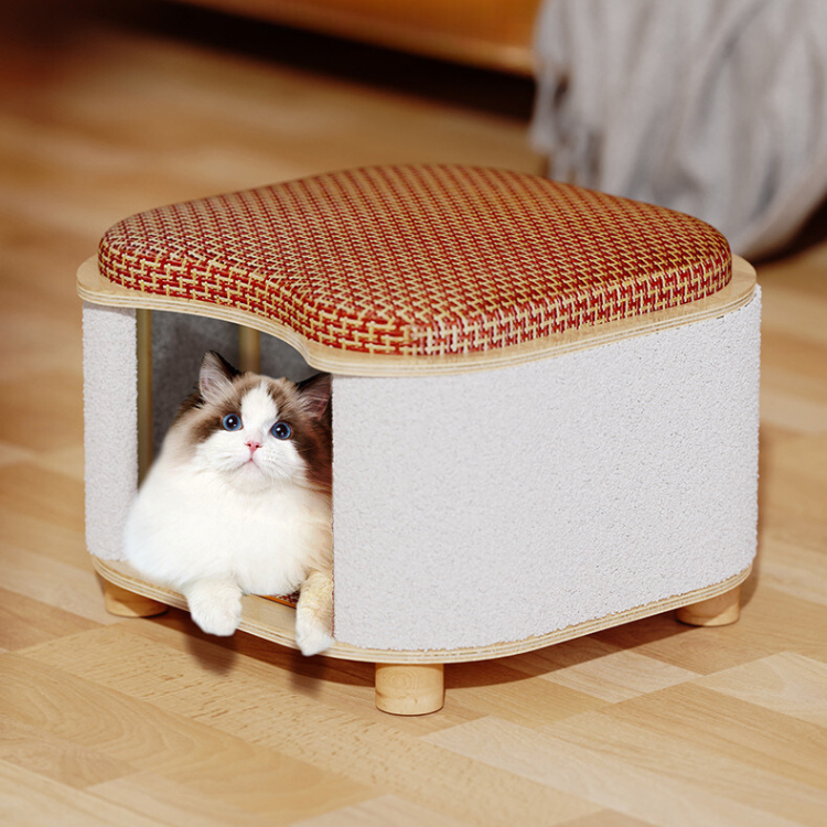 Multi-functional Wooden Cat House with Scratching Board Stool